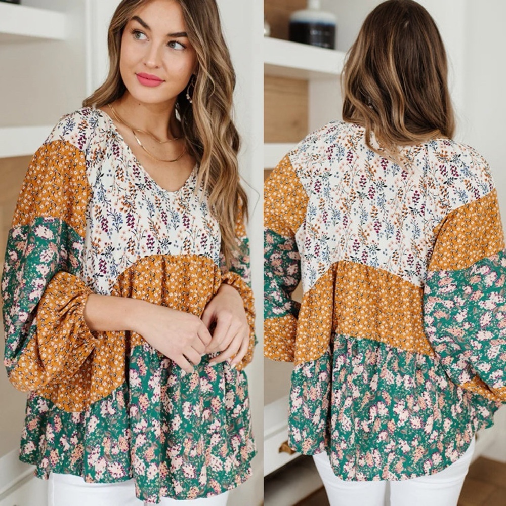 Hailey & Co Boho Colorblock Floral Print Bubble Sleeve Size Small Vneck Flowy